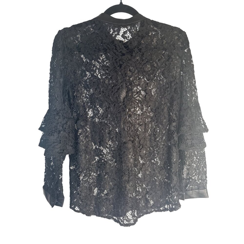Zara Small Basic Black Lace Button-Up Blouse With… - image 3